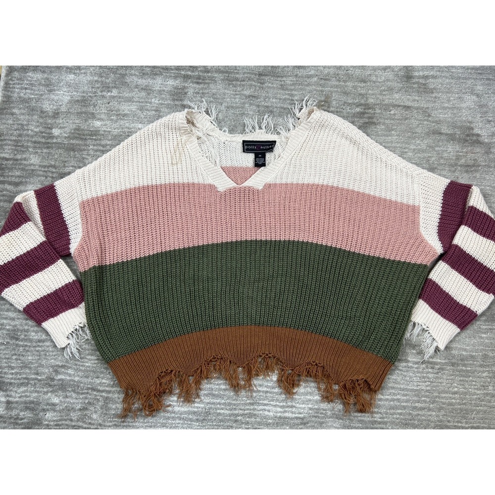 Polly & Esther Sweater Womens 2X Multi Colorblock Distressed V-Neck Chunky Knit